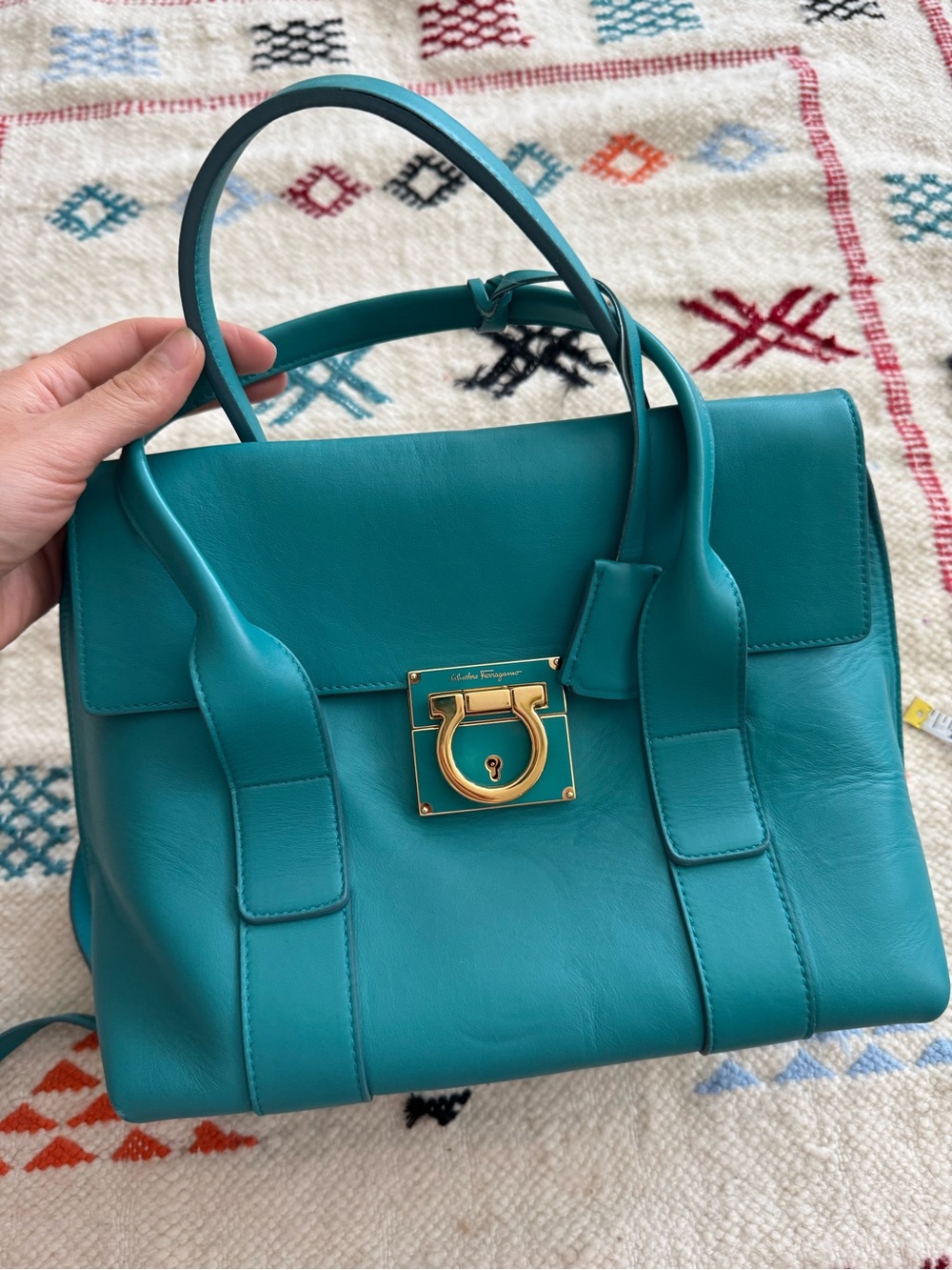 Salvatore Ferragamo Teal Leather Top-Handle Satchel with Gold Gancini Lock